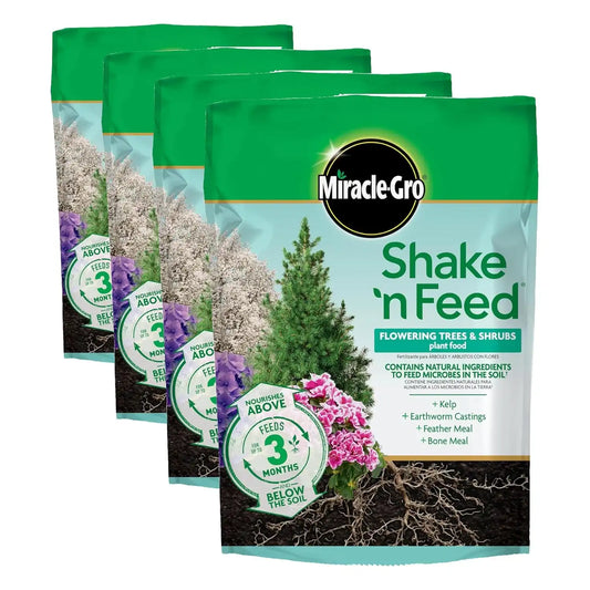 Miracle-Gro Shake 'N Feed Flowering Trees and Shrubs Plant Food, for In-Ground and Container Plants, Acid-Loving Flowering Plants, 8 lbs., (Pack of 4)