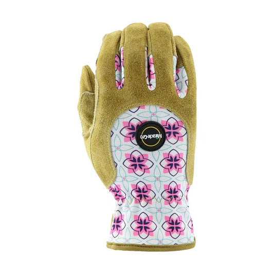 Miracle-Gro MG23081/WSM Split Leather Garden Gloves – Floral, Small-Medium, High Dexterity Spandex Back Gloves for Women